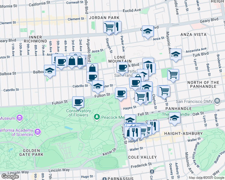 map of restaurants, bars, coffee shops, grocery stores, and more near 2366 Fulton Street in San Francisco