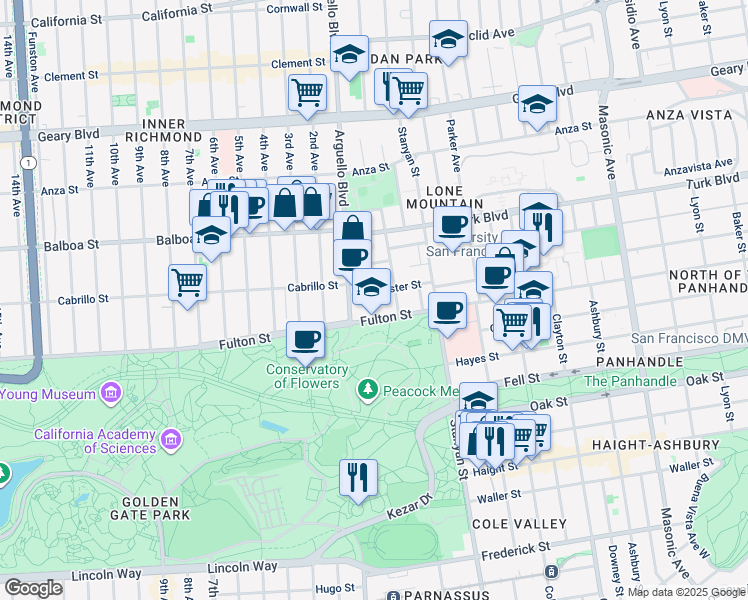 map of restaurants, bars, coffee shops, grocery stores, and more near 2424 Fulton Street in San Francisco