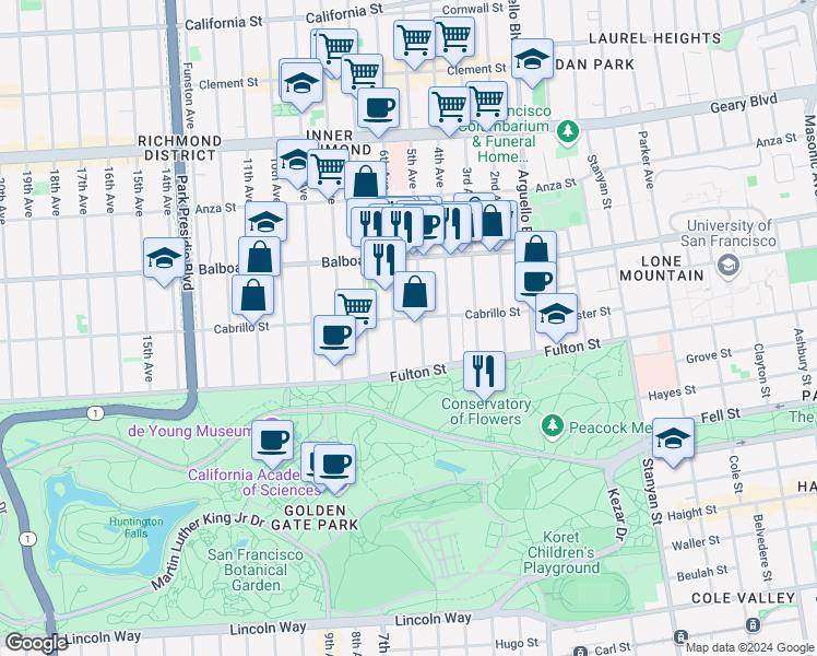 map of restaurants, bars, coffee shops, grocery stores, and more near 765 5th Avenue in San Francisco