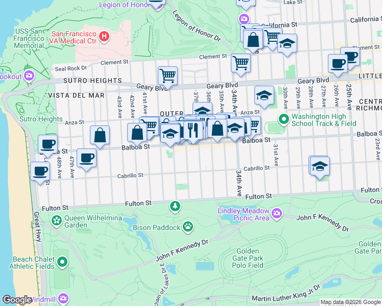 map of restaurants, bars, coffee shops, grocery stores, and more near 765 37th Avenue in San Francisco