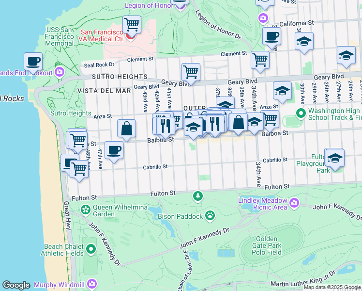 map of restaurants, bars, coffee shops, grocery stores, and more near 755 40th Avenue in San Francisco