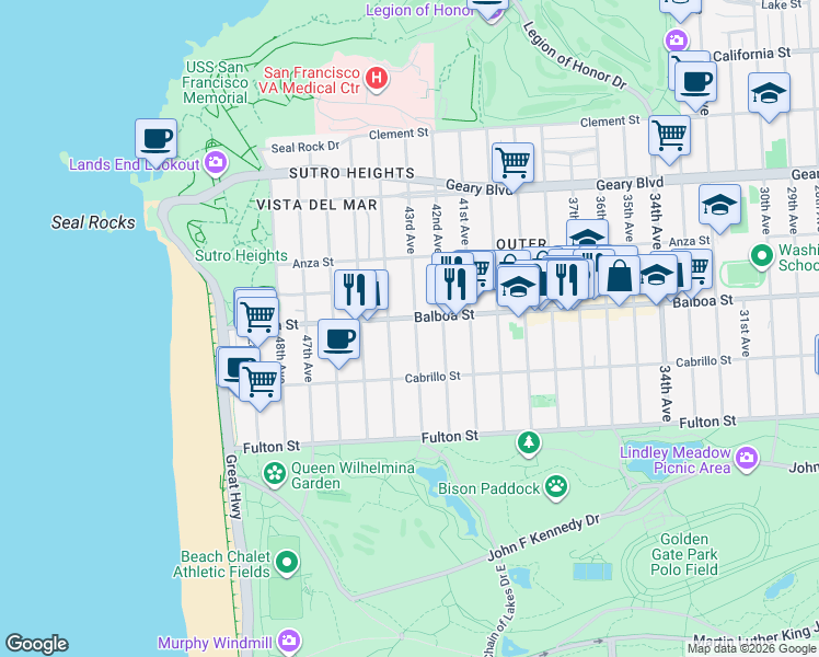 map of restaurants, bars, coffee shops, grocery stores, and more near 748 43rd Avenue in San Francisco