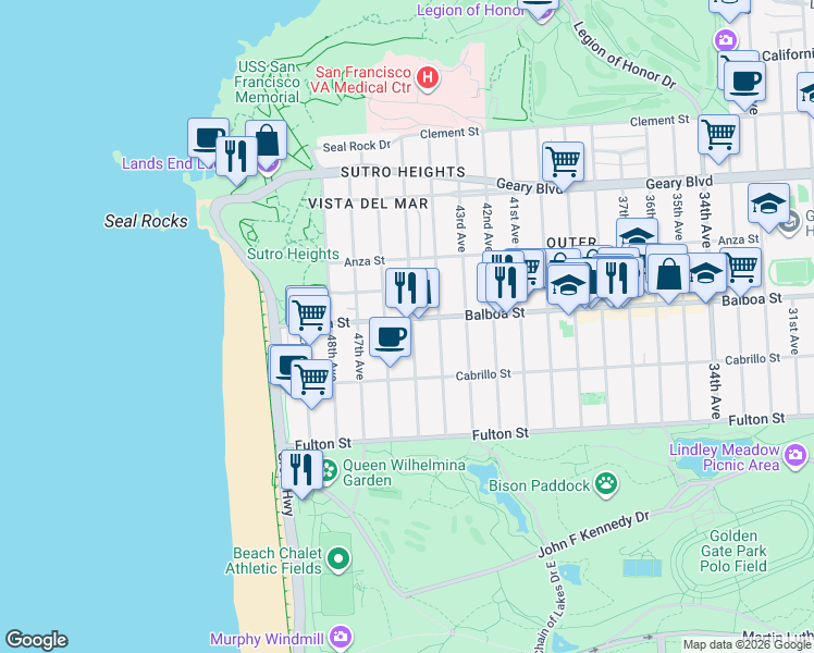 map of restaurants, bars, coffee shops, grocery stores, and more near 736 46th Avenue in San Francisco