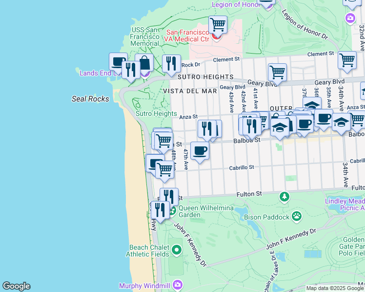 map of restaurants, bars, coffee shops, grocery stores, and more near 740 47th Avenue in San Francisco