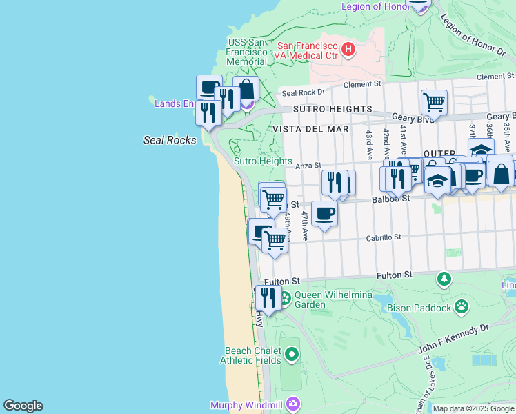 map of restaurants, bars, coffee shops, grocery stores, and more near 730 A Great Highway in San Francisco