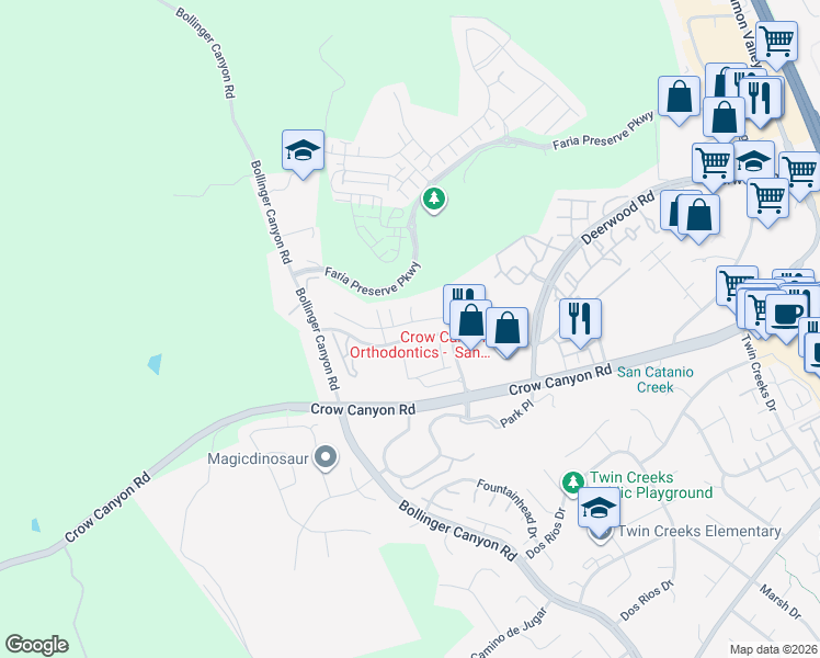 map of restaurants, bars, coffee shops, grocery stores, and more near 2 Sandalwood Lane in San Ramon
