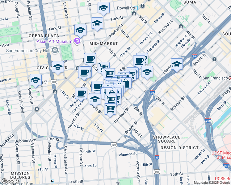 map of restaurants, bars, coffee shops, grocery stores, and more near 715 Clementina Street in San Francisco
