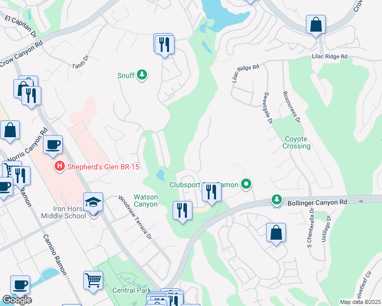 map of restaurants, bars, coffee shops, grocery stores, and more near 745 Watson Canyon Court in San Ramon