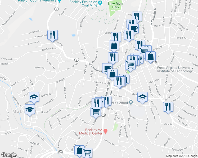 map of restaurants, bars, coffee shops, grocery stores, and more near 113 Virginia Street in Beckley