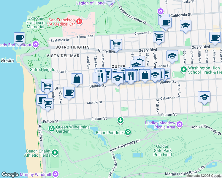 map of restaurants, bars, coffee shops, grocery stores, and more near 717 40th Avenue in San Francisco