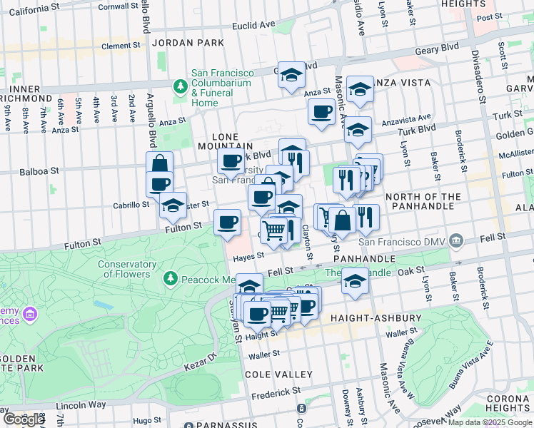 map of restaurants, bars, coffee shops, grocery stores, and more near 35 Medical Center Way in San Francisco