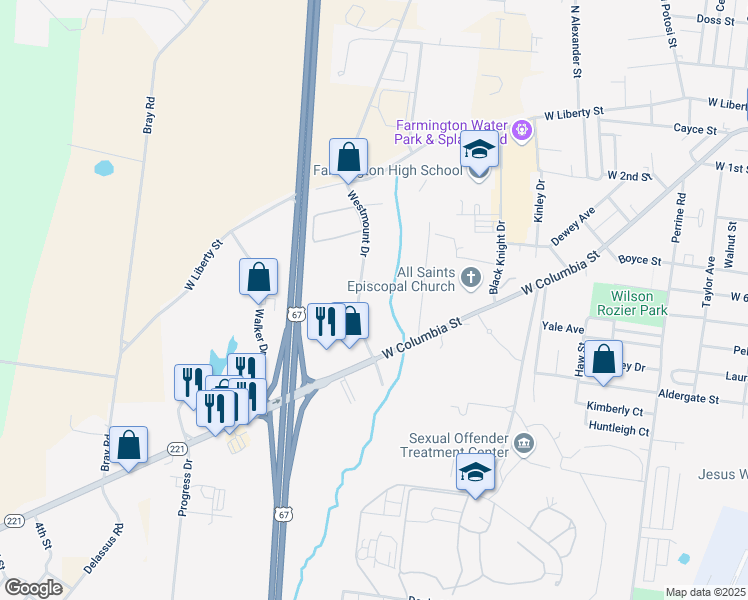 map of restaurants, bars, coffee shops, grocery stores, and more near 1513 West Columbia Street in Farmington