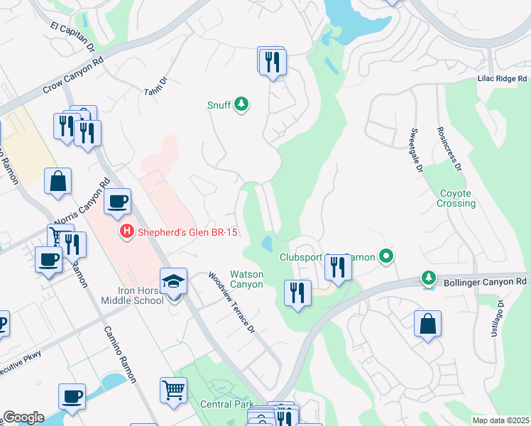 map of restaurants, bars, coffee shops, grocery stores, and more near 2080 Canyon Lakes Drive in San Ramon