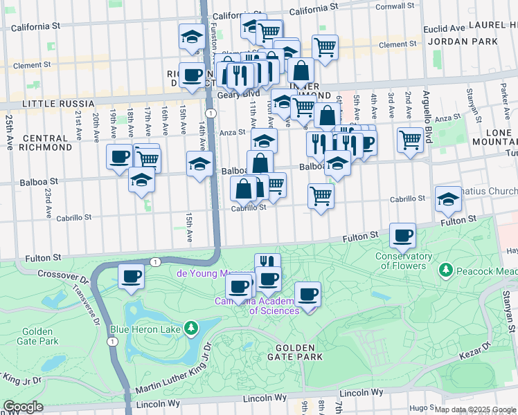 map of restaurants, bars, coffee shops, grocery stores, and more near Cabrillo Street & 11th Avenue in San Francisco