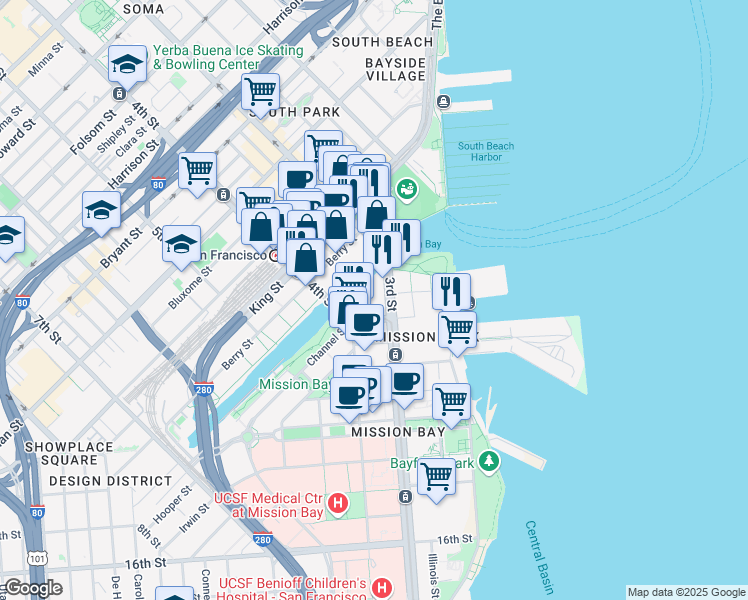 map of restaurants, bars, coffee shops, grocery stores, and more near 112 Channel Street in San Francisco