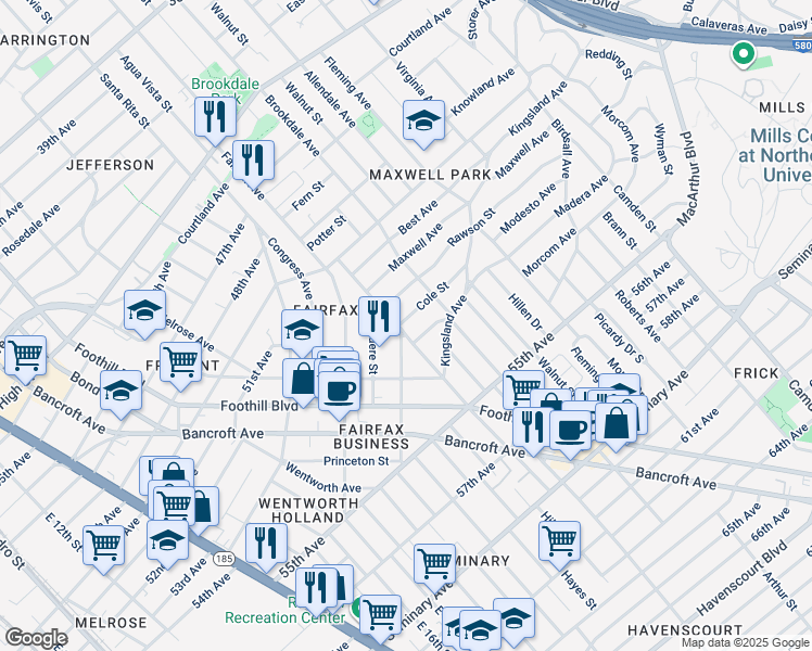 map of restaurants, bars, coffee shops, grocery stores, and more near 5300 Trask Street in Oakland