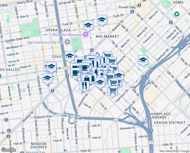 map of restaurants, bars, coffee shops, grocery stores, and more near 155 10th Street in San Francisco