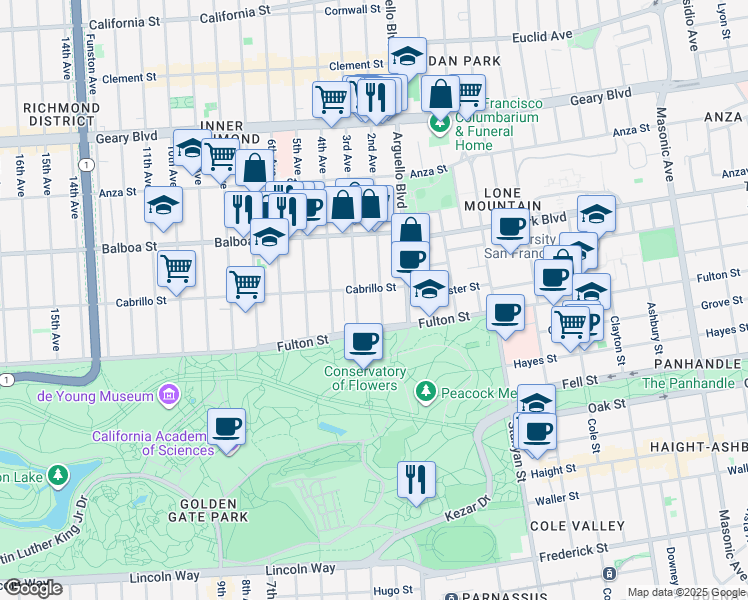 map of restaurants, bars, coffee shops, grocery stores, and more near 2626 Fulton Street in San Francisco