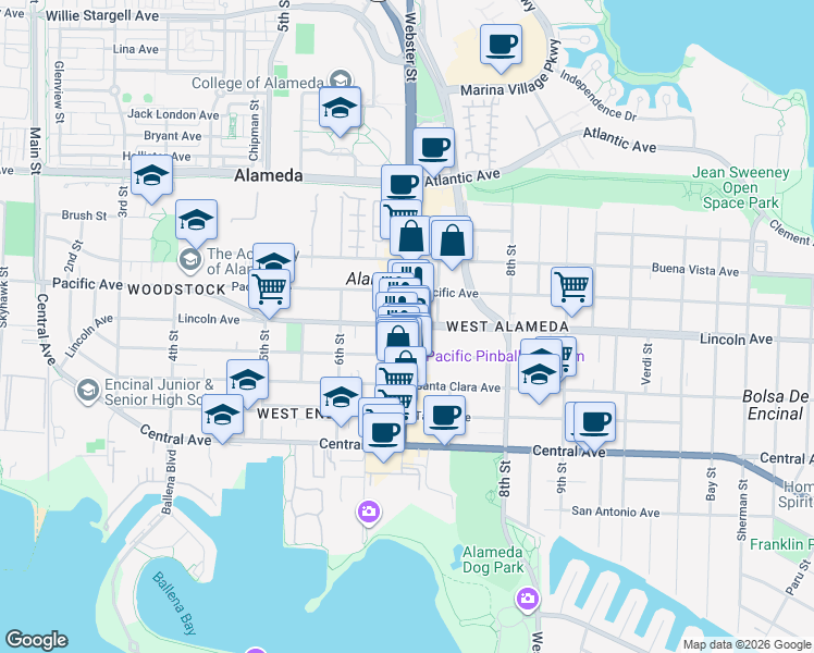 map of restaurants, bars, coffee shops, grocery stores, and more near Lincoln Avenue & Webster Street in Alameda