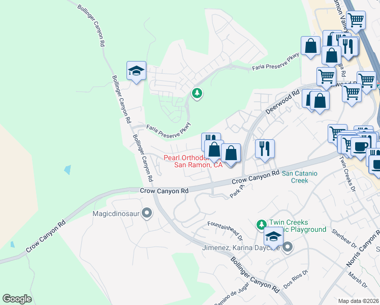map of restaurants, bars, coffee shops, grocery stores, and more near 117 Woodcrest Drive in San Ramon