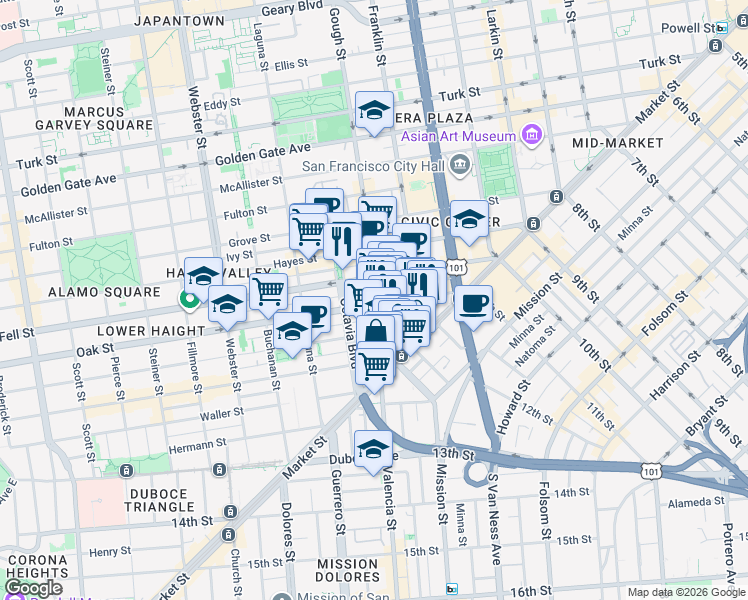 map of restaurants, bars, coffee shops, grocery stores, and more near 207 Gough Street in San Francisco