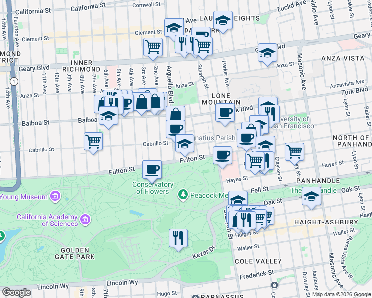 map of restaurants, bars, coffee shops, grocery stores, and more near 2749 McAllister Street in San Francisco
