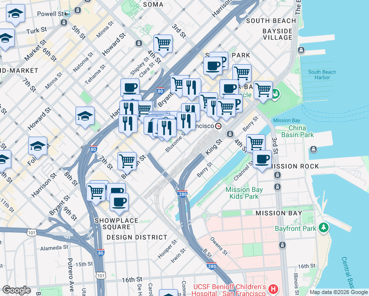 map of restaurants, bars, coffee shops, grocery stores, and more near 410 Townsend Street in San Francisco
