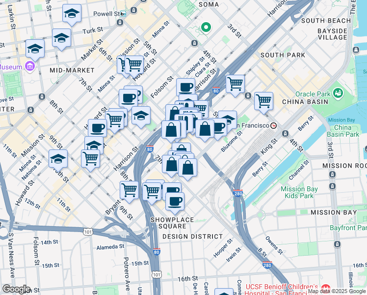 map of restaurants, bars, coffee shops, grocery stores, and more near 40 Boardman Place in San Francisco