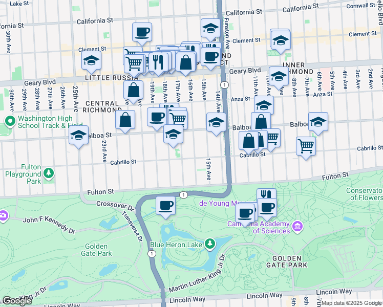 map of restaurants, bars, coffee shops, grocery stores, and more near 719 16th Avenue in San Francisco