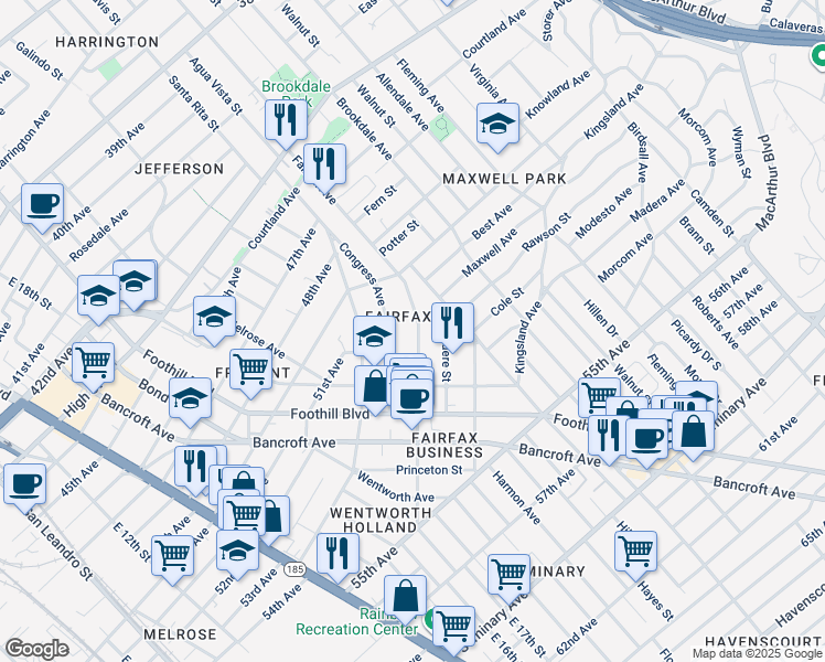 map of restaurants, bars, coffee shops, grocery stores, and more near 5103 Fairfax Avenue in Oakland