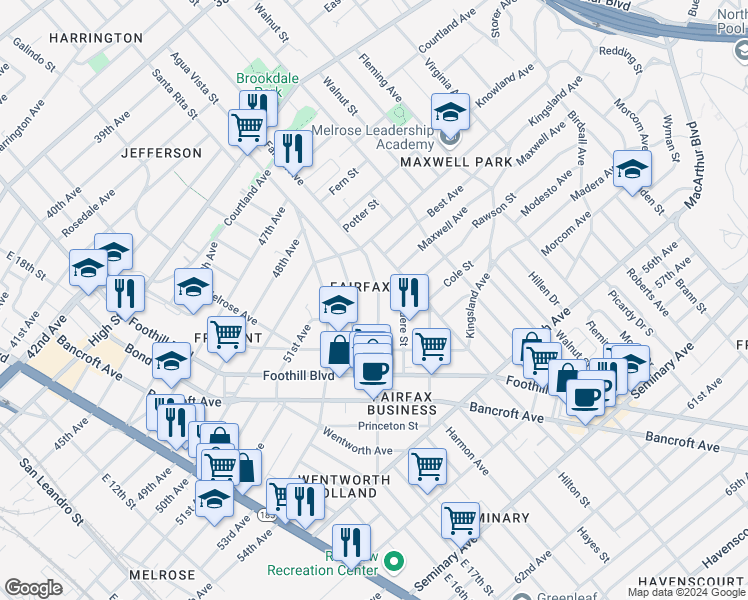 map of restaurants, bars, coffee shops, grocery stores, and more near 5103 Fairfax Avenue in Oakland