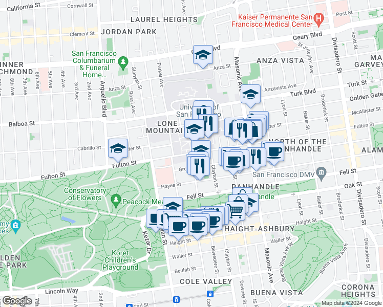 map of restaurants, bars, coffee shops, grocery stores, and more near 2 Cole Street in San Francisco
