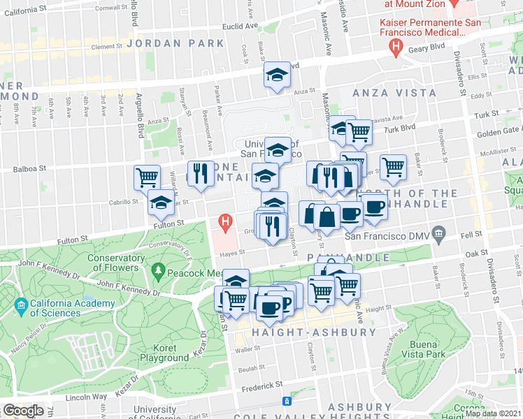 map of restaurants, bars, coffee shops, grocery stores, and more near Fulton St & Cole St in San Francisco