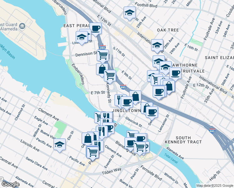 map of restaurants, bars, coffee shops, grocery stores, and more near 527 23rd Avenue in Oakland
