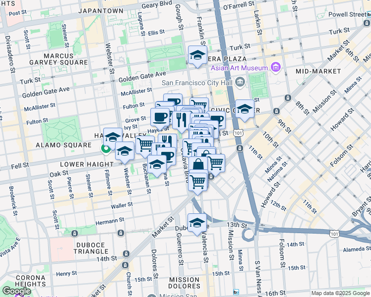 map of restaurants, bars, coffee shops, grocery stores, and more near 190 Lily Street in San Francisco