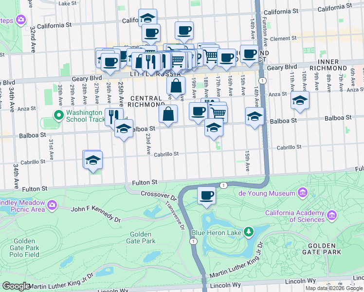 map of restaurants, bars, coffee shops, grocery stores, and more near 1925 Cabrillo Street in San Francisco