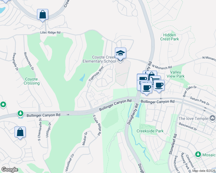 map of restaurants, bars, coffee shops, grocery stores, and more near 7151 Briza Loop in San Ramon