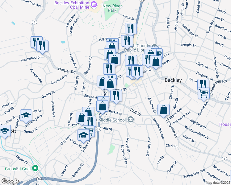 map of restaurants, bars, coffee shops, grocery stores, and more near 299 1st Street in Beckley