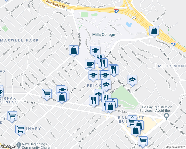 map of restaurants, bars, coffee shops, grocery stores, and more near 3101 61st Avenue in Oakland