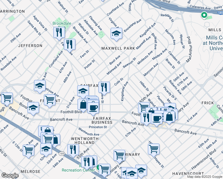 map of restaurants, bars, coffee shops, grocery stores, and more near 5227 Cole Street in Oakland