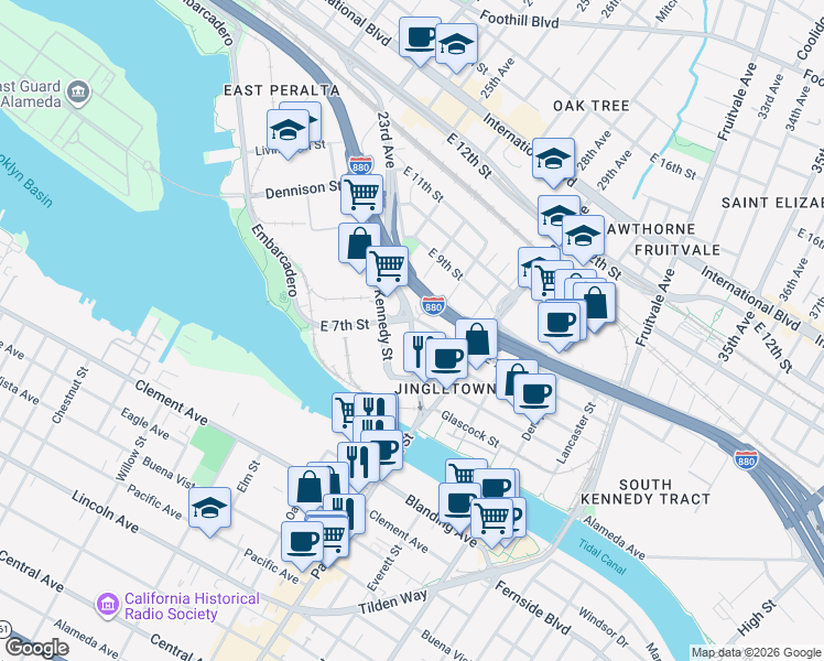 map of restaurants, bars, coffee shops, grocery stores, and more near 449 23rd Avenue in Oakland