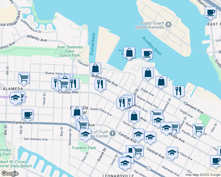 map of restaurants, bars, coffee shops, grocery stores, and more near 1582 Pacific Avenue in Alameda