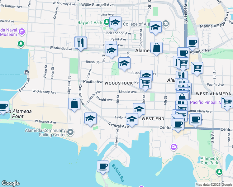 map of restaurants, bars, coffee shops, grocery stores, and more near 347 Haight Avenue in Alameda