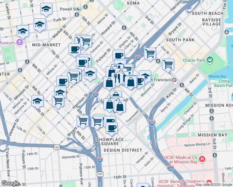 map of restaurants, bars, coffee shops, grocery stores, and more near 40-42 Boardman Place in San Francisco