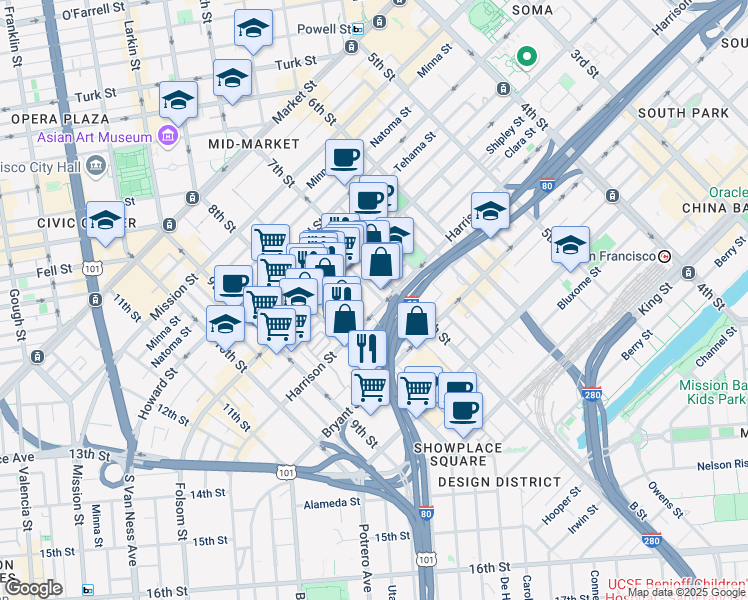 map of restaurants, bars, coffee shops, grocery stores, and more near in San Francisco