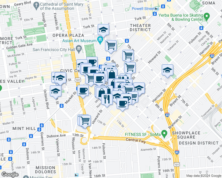 map of restaurants, bars, coffee shops, grocery stores, and more near 155 10th Street in San Francisco