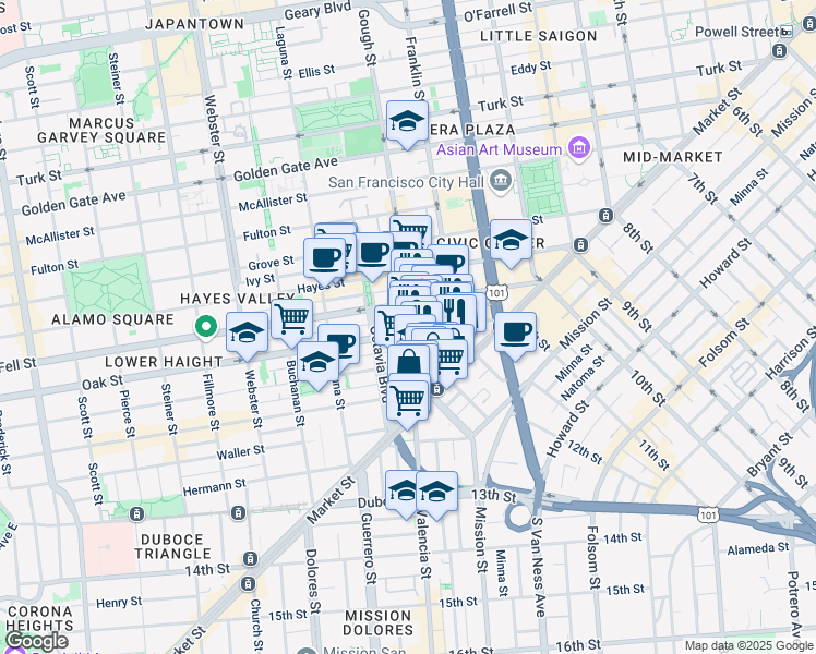 map of restaurants, bars, coffee shops, grocery stores, and more near 118 Gough Street in San Francisco