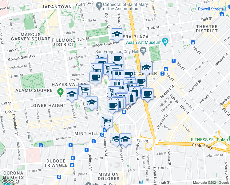 map of restaurants, bars, coffee shops, grocery stores, and more near 118 Gough Street in San Francisco