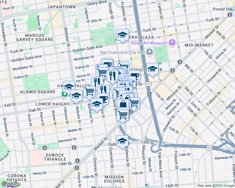 map of restaurants, bars, coffee shops, grocery stores, and more near 190 Lily Street in San Francisco