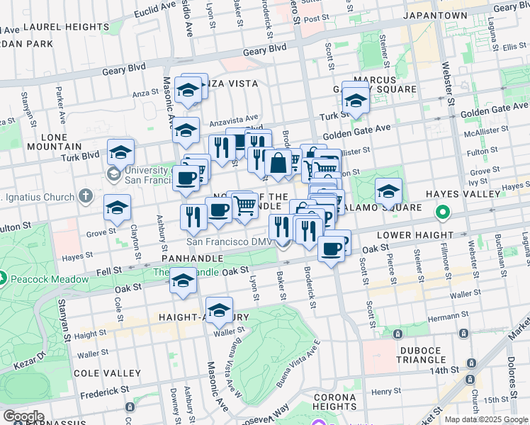 map of restaurants, bars, coffee shops, grocery stores, and more near 1542 Hayes Street in San Francisco